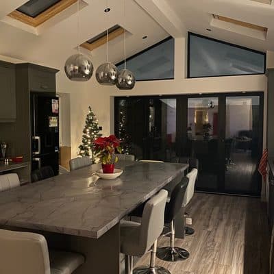 Robbie's finished kitchen extension: vaulted ceiling with roof lights and a long island